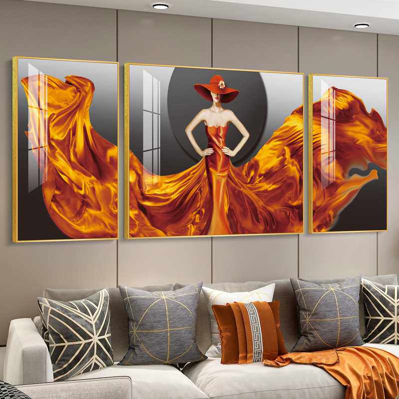 轻奢客厅装饰画摩登抽象橙橘色人物沙发背景墙三联挂画后现代壁画