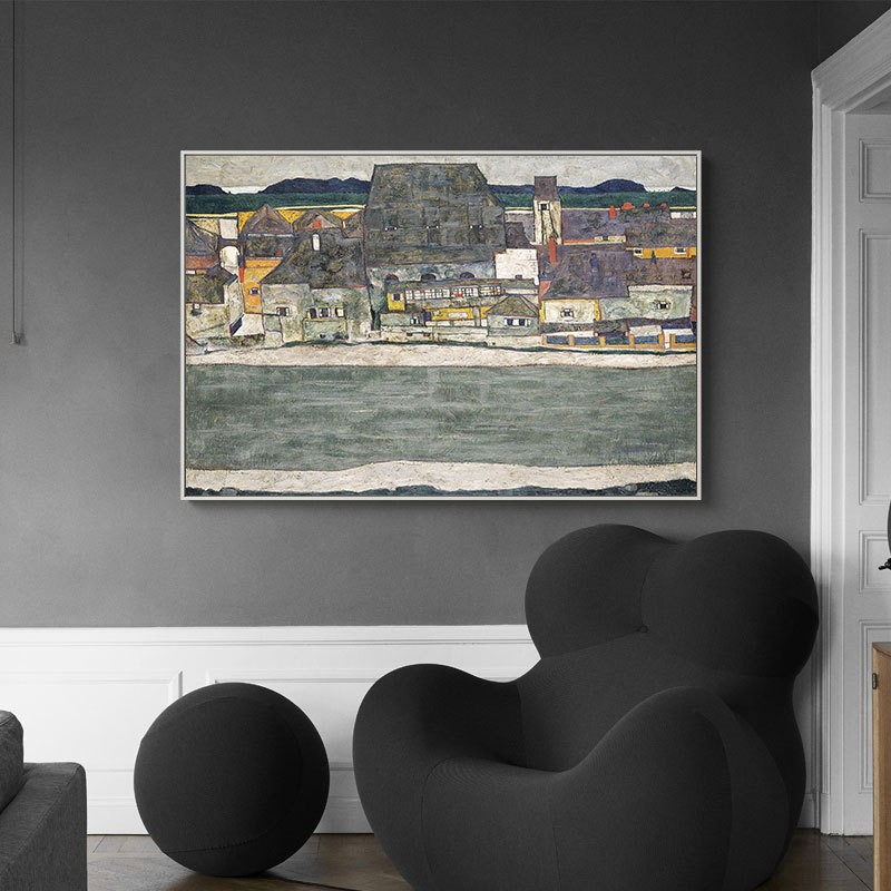 席勒画小镇建筑艺术画沙发背景挂画餐厅装饰画欧式玄关画有框墙画图片