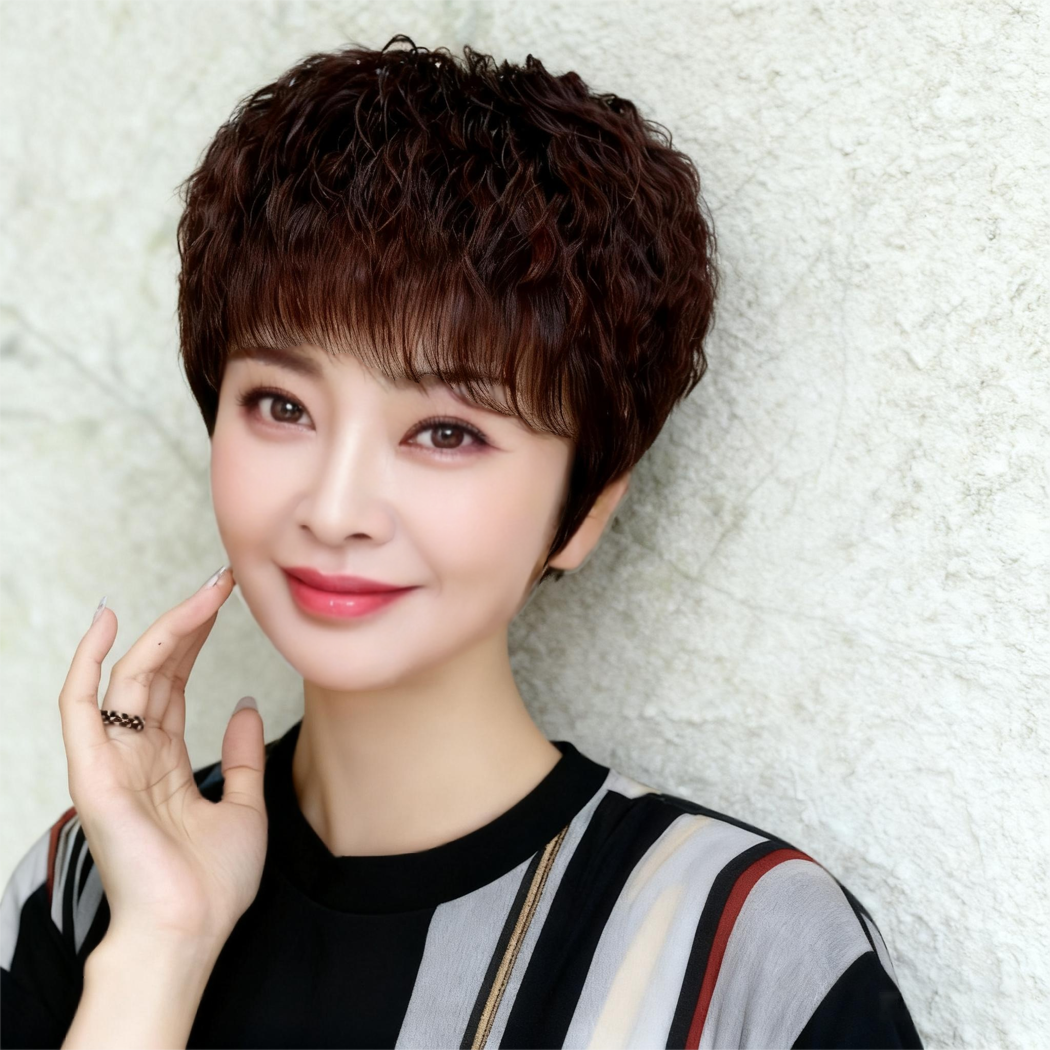 假发中老年女妈妈款全头套真人发丝时尚蓬松玉米烫短卷发假发头套