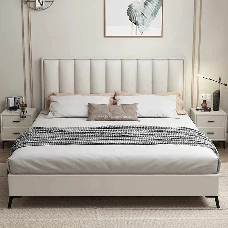 现代简约主卧意式真皮双人床北欧实木极简软包小户型轻奢皮艺床