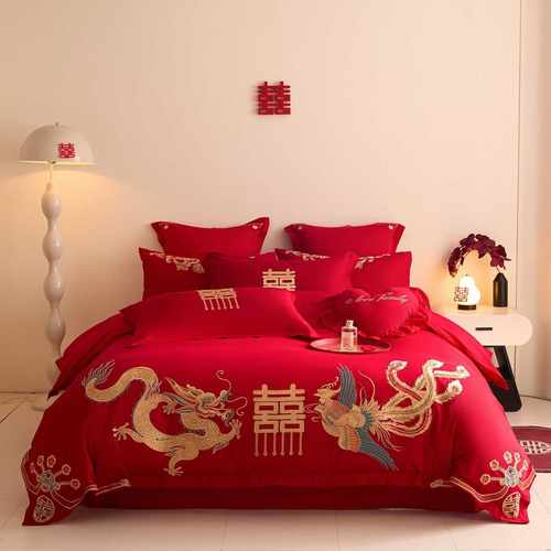 新款婚庆长绒棉四件套大红色刺绣结婚房被套喜被子六八十件套床品