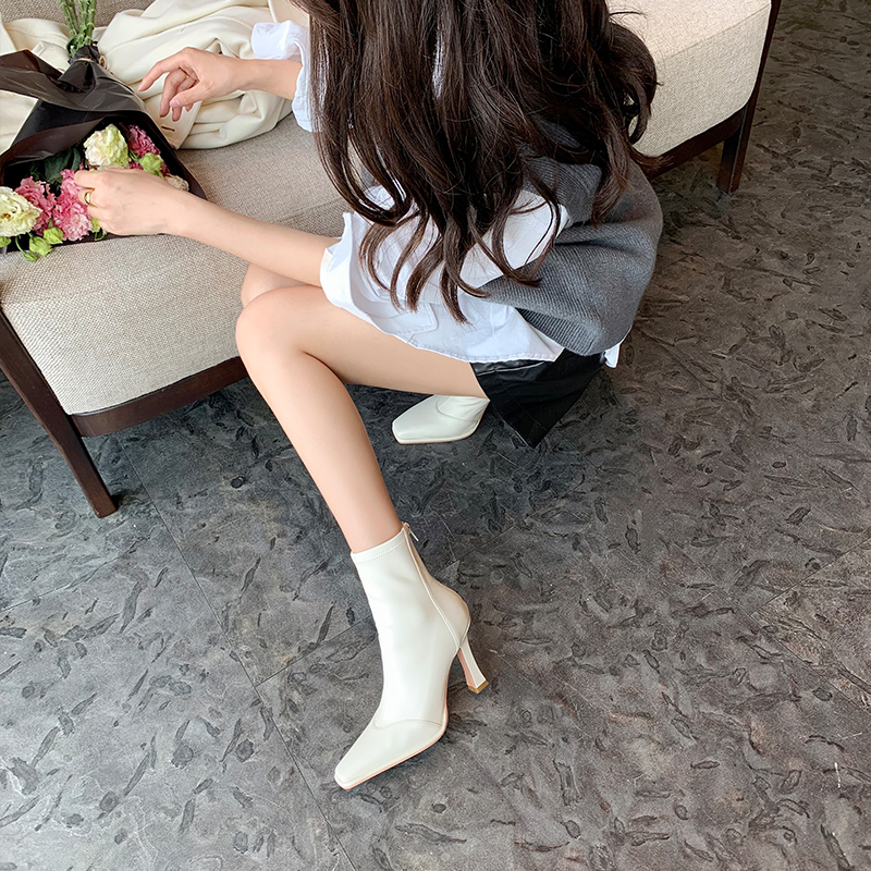 高跟短靴女2021秋冬新款韩版拼接后拉链网红N瘦瘦靴方头细跟弹力