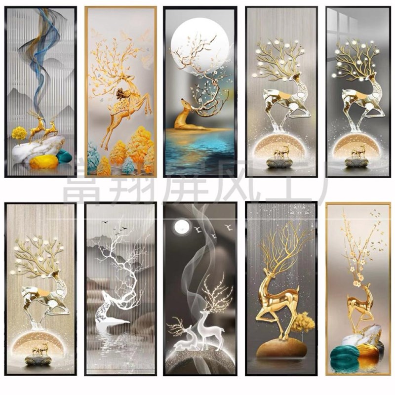 彩绘艺术玻璃屏风铁艺不锈钢入户玄关客厅遮挡隔断