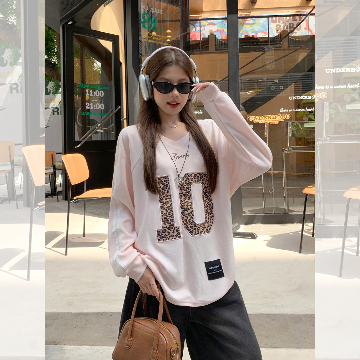 韩系粉色印花刺绣V领长袖