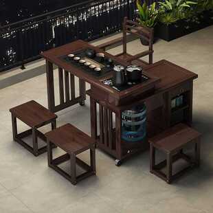 家用可移动伸缩折叠茶桌客厅小茶台实木旋转茶桌烧水壶茶具全套竹