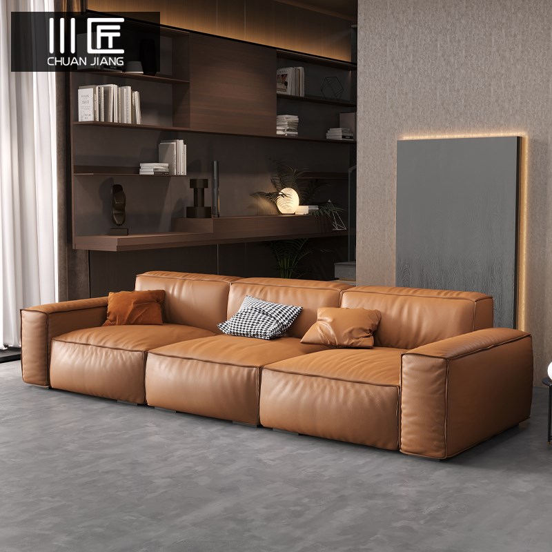 意式极简豆腐块直排真皮沙发小户型客厅头层牛皮简约轻奢现代沙发