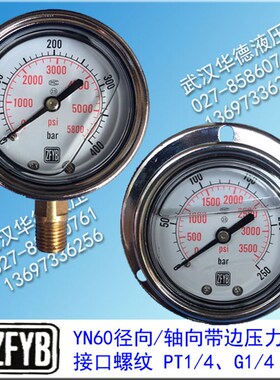 ZFYB耐震压力表YN60400bar 250 600 63 3500 5800PSI 8600轴径向