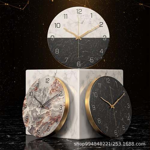 简约大理石纹理金属客厅圆形挂钟墙上艺术装饰品摆件静音创意钟表