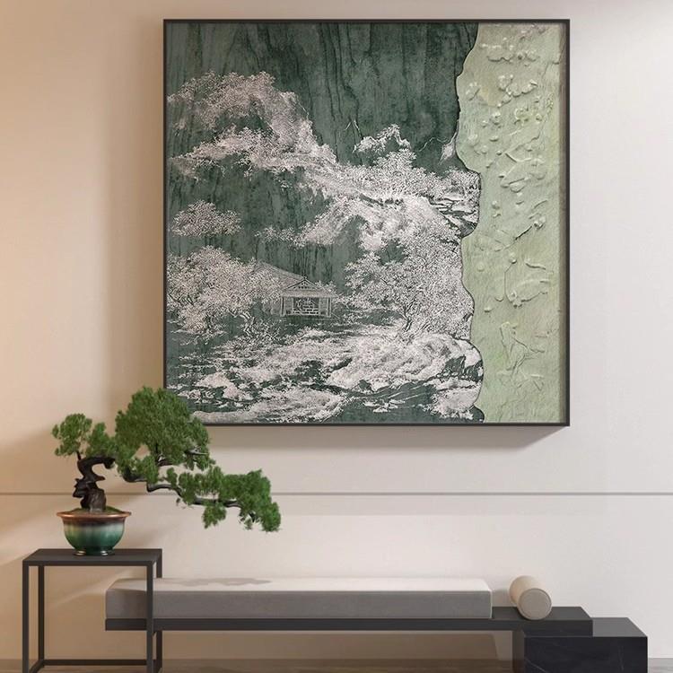 新中式绿色抽象松树高级感玄关客厅装饰画背景墙立体浮雕肌理挂画图片