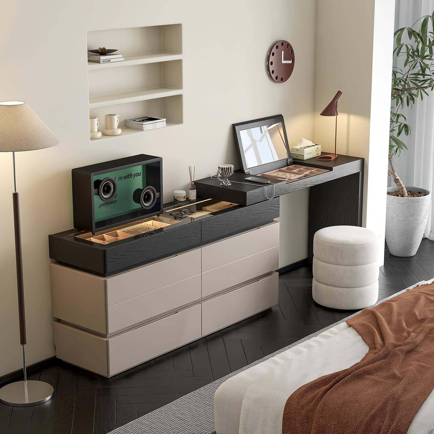 意式极简梳妆台小户型化妆桌斗柜一体柜可伸缩实木床尾柜储物柜