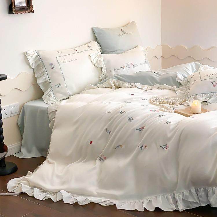 清新田园风80支兰精天丝刺绣四件套春夏丝滑凉爽冰丝床单床品