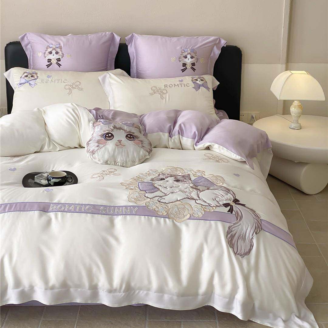 小可爱猫咪刺绣丝滑凉感亲肤透气床品夏季用莱赛尔天丝四件套