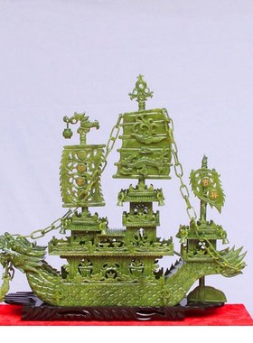 60厘米双头精工玉雕龙船客厅摆件一帆风顺家居现T代装饰品工艺品