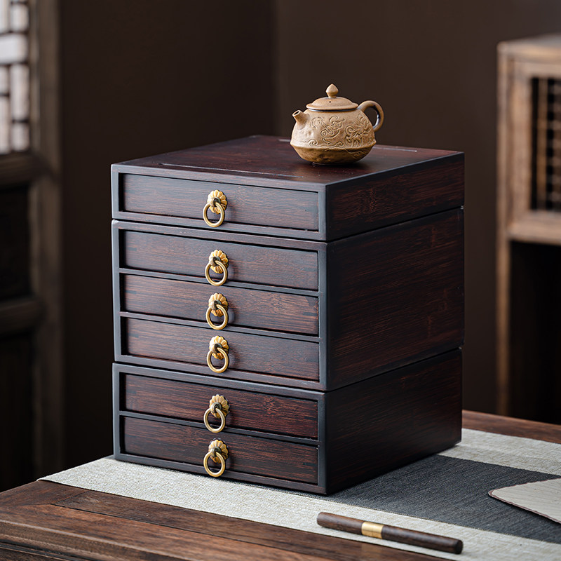 竹制普洱茶盒胡桃色多层茶叶收纳盒茶饼盒抽屉式茶盒茶具配件