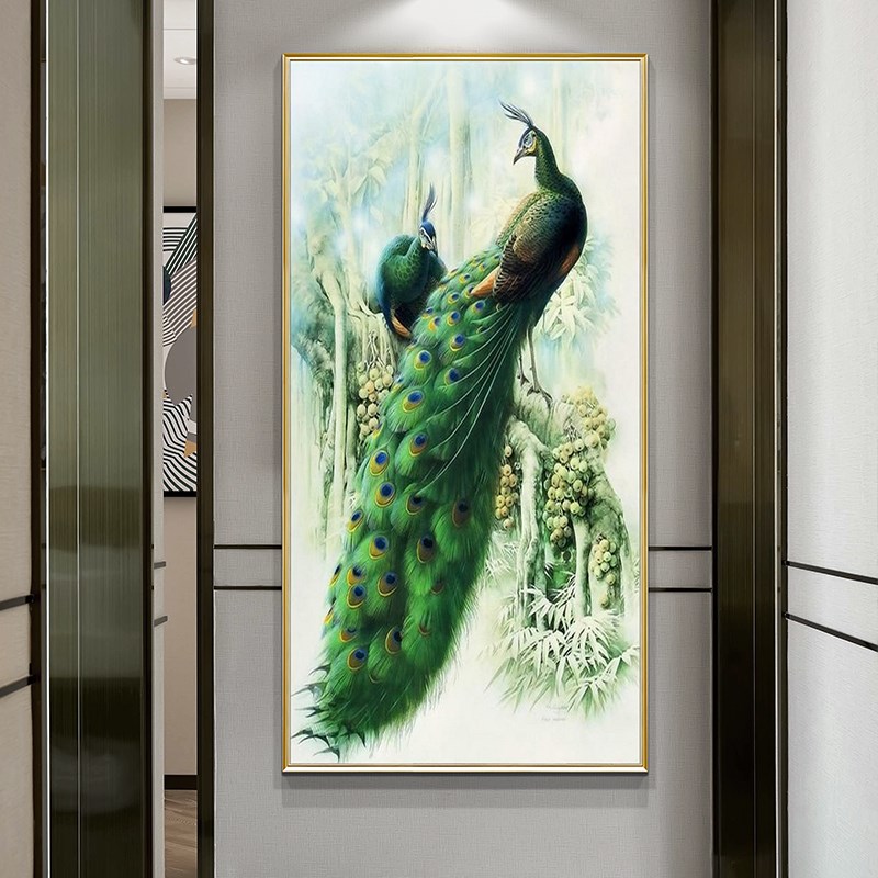 新中式玄关装饰画美式走廊过道壁画餐厅客厅挂画高端手绘油画孔雀图片