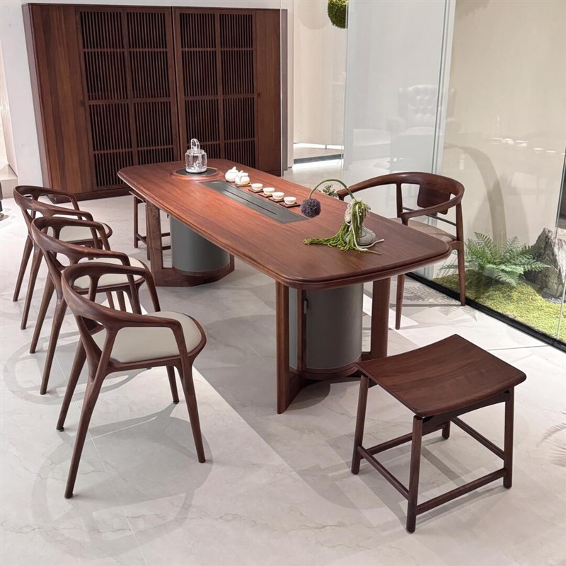 别墅大平a层客厅办公室茶桌实木黑胡桃木会所豪宅大户型现代简约