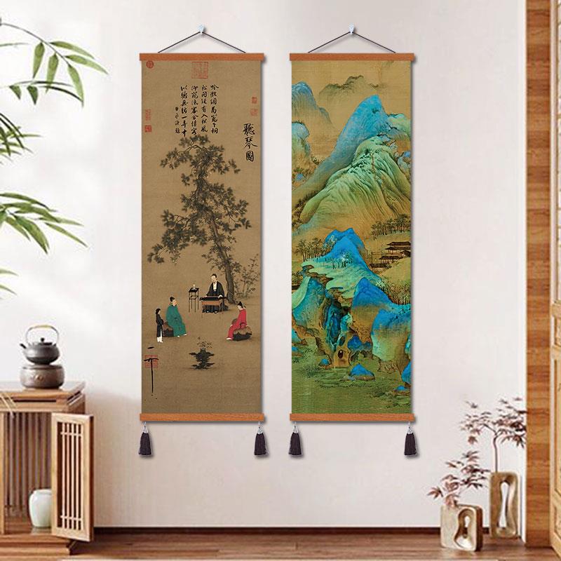 布艺挂画 画中国风入户玄关装饰画 画听琴图国画 画帆布条卷轴遮图片