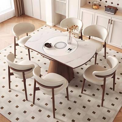 实木岩板餐桌可折叠带热菜板电动转盘电磁炉跳台可变圆桌火锅饭桌