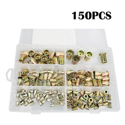 150PCS盒装镀彩锌铆螺母M3-M10套装铆螺母枪平头竖纹拉铆螺母拉帽