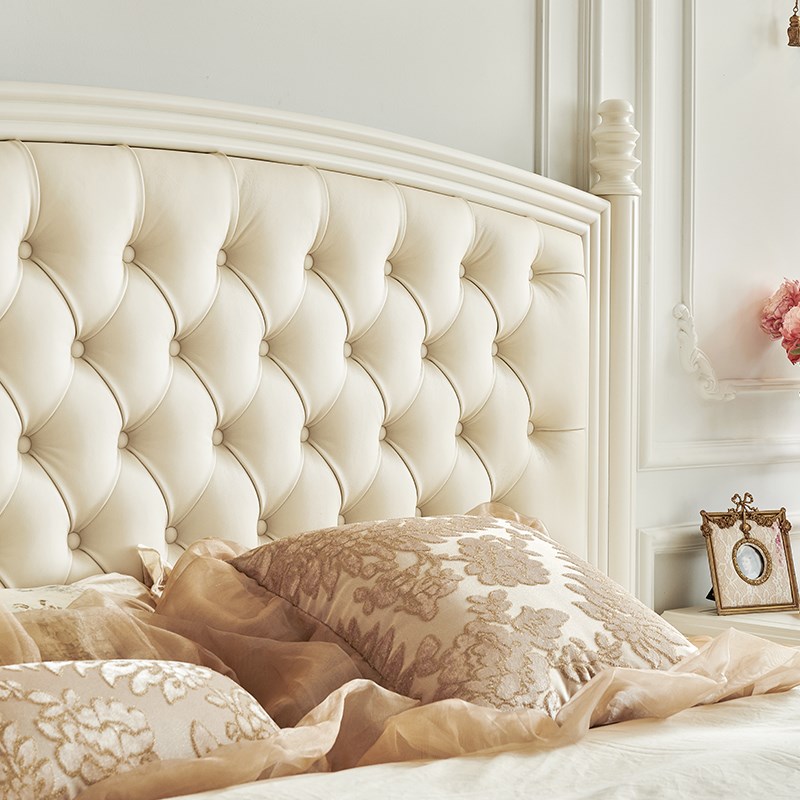 新款白色奶油风实木床美式床真皮软靠1米8双人床高箱主卧室家具