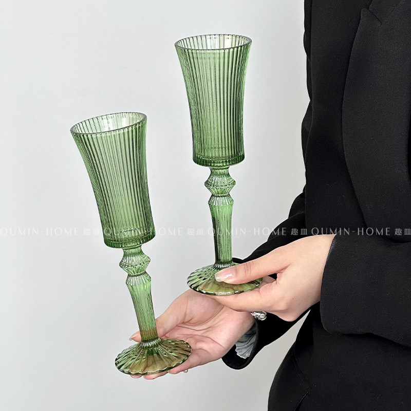 Qumin 翡翠绿宝石 竖条纹高脚香槟杯鸡尾酒杯冷饮杯子葡萄酒杯