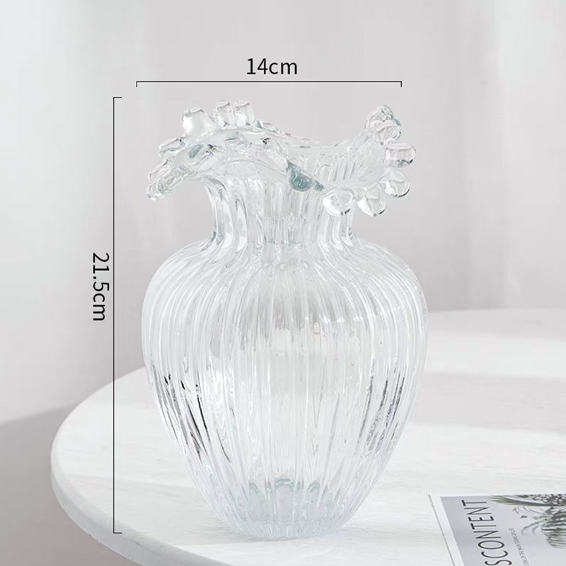 欧式创意波浪口花k瓶摆件客厅插花水养玫瑰玻璃透明大肚花瓶花器