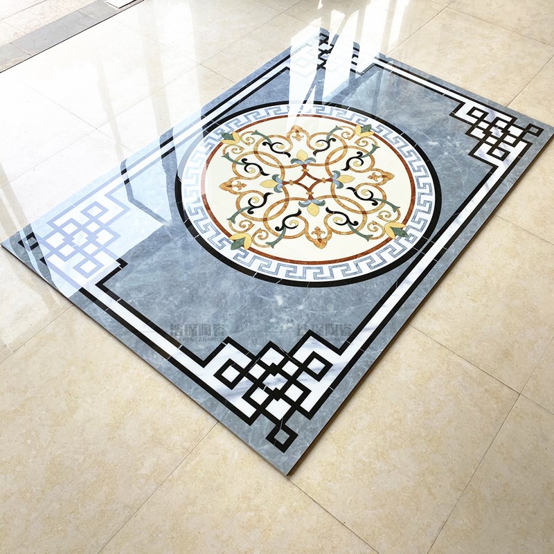 中式灰色拼花瓷砖800x800 客厅地砖餐厅K过道入户玄关地毯花抛晶