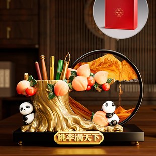 熊猫流沙画笔筒摆件高档办公室桌面装饰品实用创意毕业礼物送老师