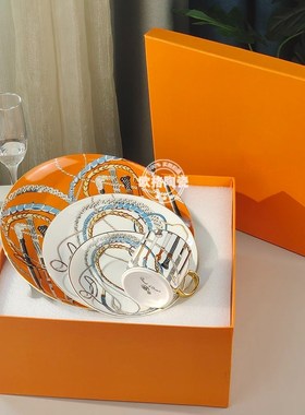 欧式轻奢西餐盘h子高级感白橙色权杖牛排盘点心盘家用骨瓷咖啡杯