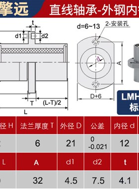 LMHC6-60外钢内铜直线轴承中间对切边法兰石墨铜套无油衬套加长