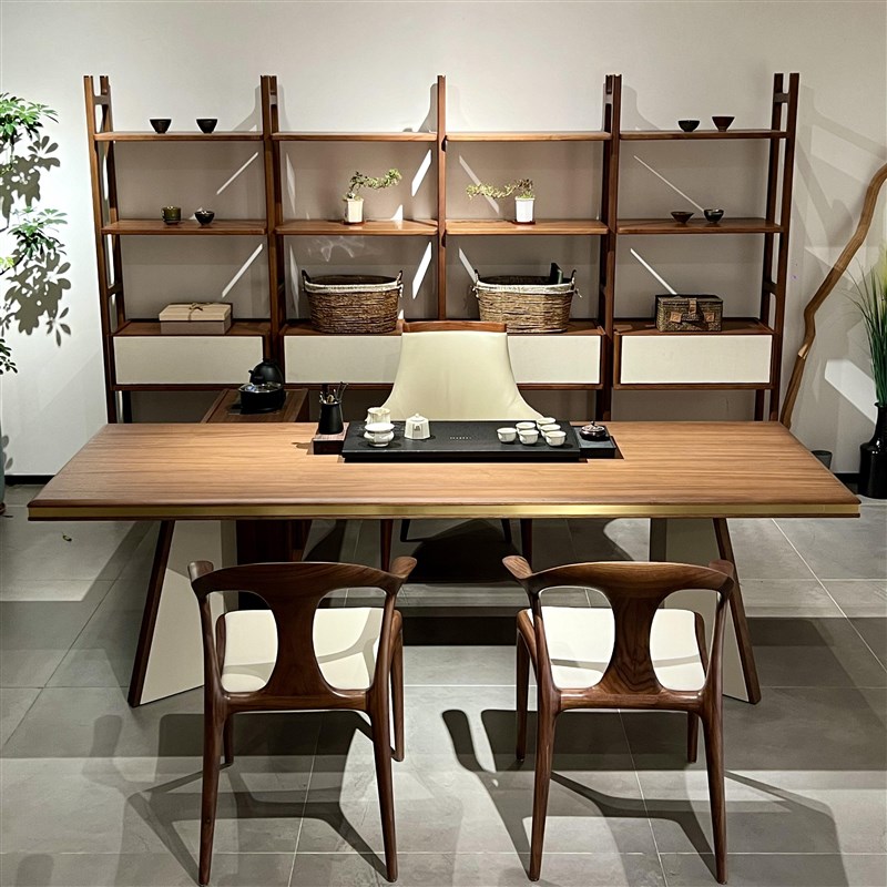 新中式现代轻奢实木茶桌书桌两用办F公室高端茶台空间简约茶艺桌