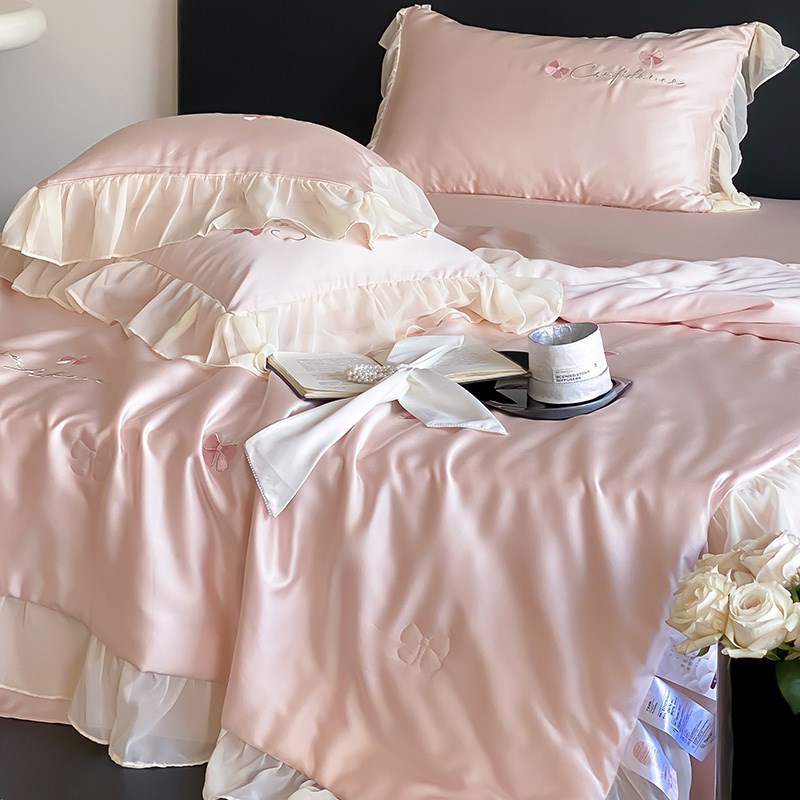 少女心夏季100S天丝夏凉v被四件套空调被芯可机洗公主风蚕丝薄被