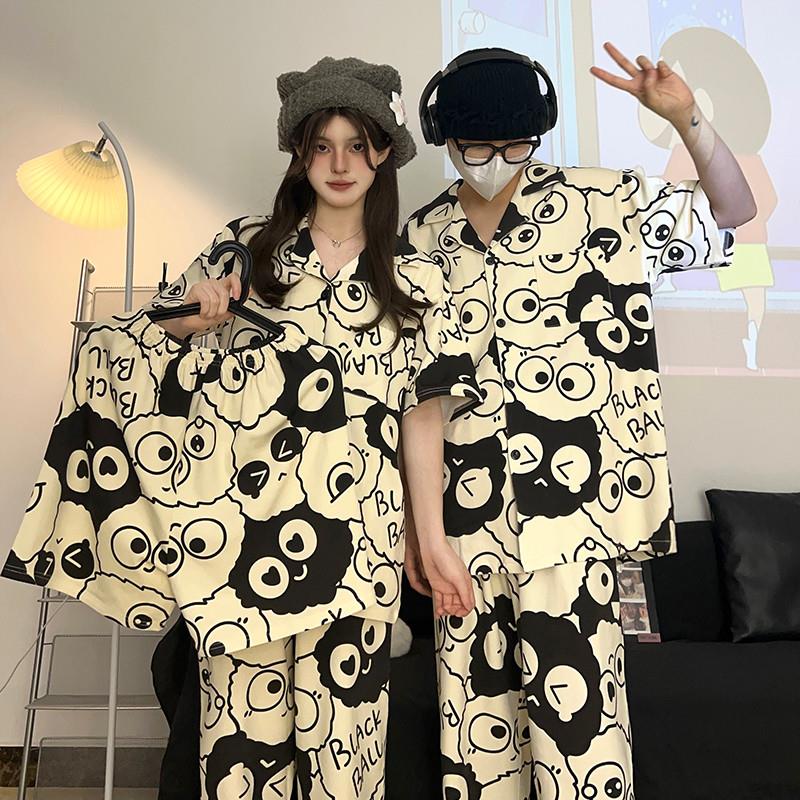 日系韩版情侣睡衣女夏季纯棉短袖短裤三件套大码男士家居服春秋款