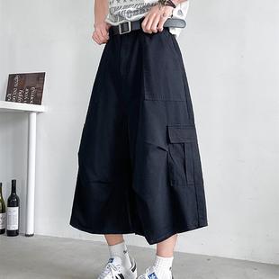 复古褶皱多口袋宽松廓形百搭阔腿休闲裤 夏季 男美式 七分工装 子 短裤
