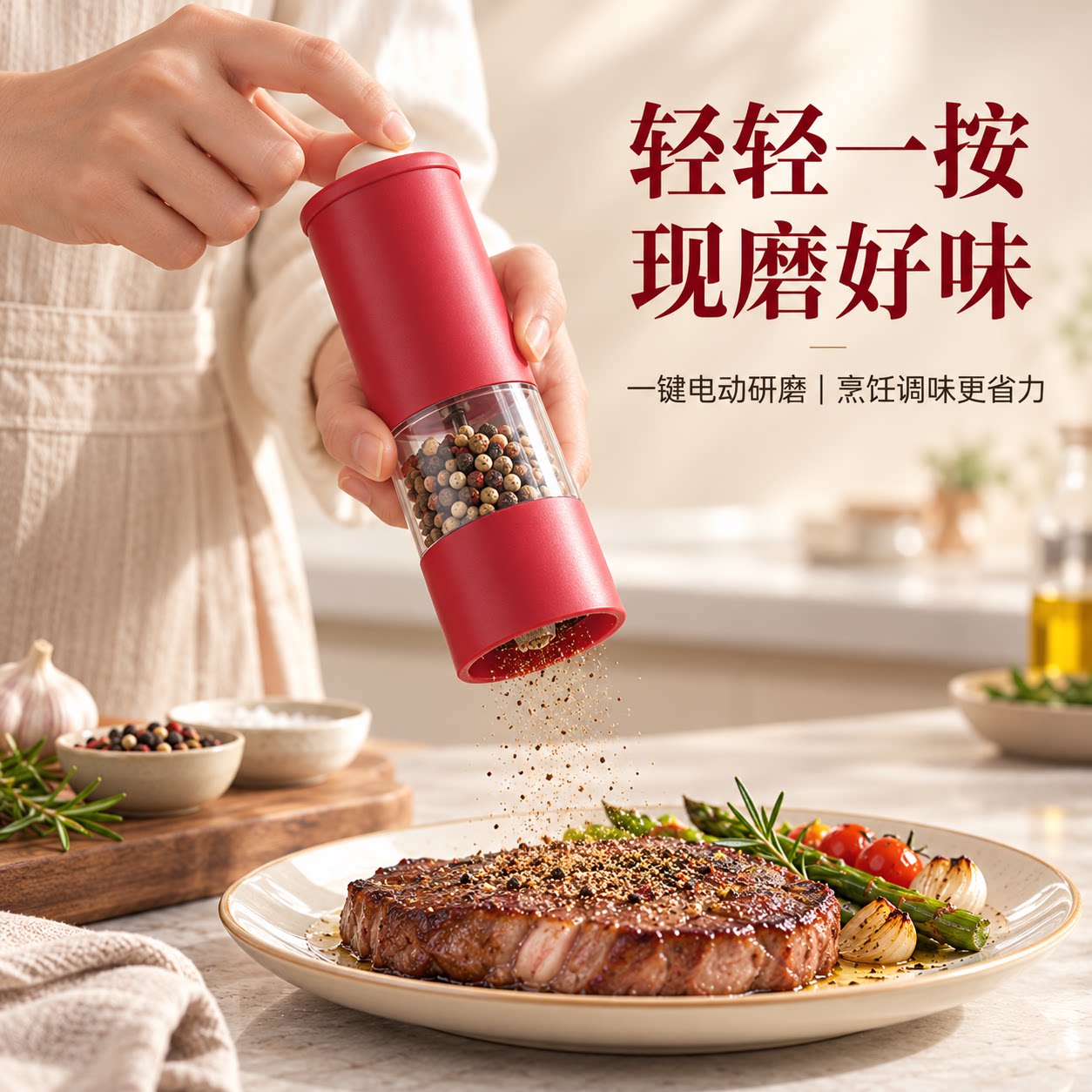 电动胡椒研磨器花椒海盐厨房研磨器亚麻研磨调料罐黑胡椒粒研磨瓶
