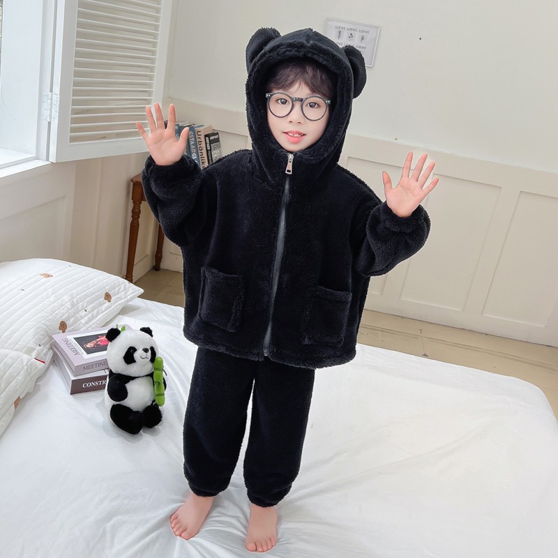 连帽法兰绒加厚保暖秋冬季男童家居服睡衣儿童睡衣2024新款雪肤绒
