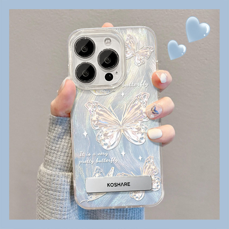 适用苹果15手机壳iphone14pm超仙蝴蝶支架13pro羽纱镭射12高级11