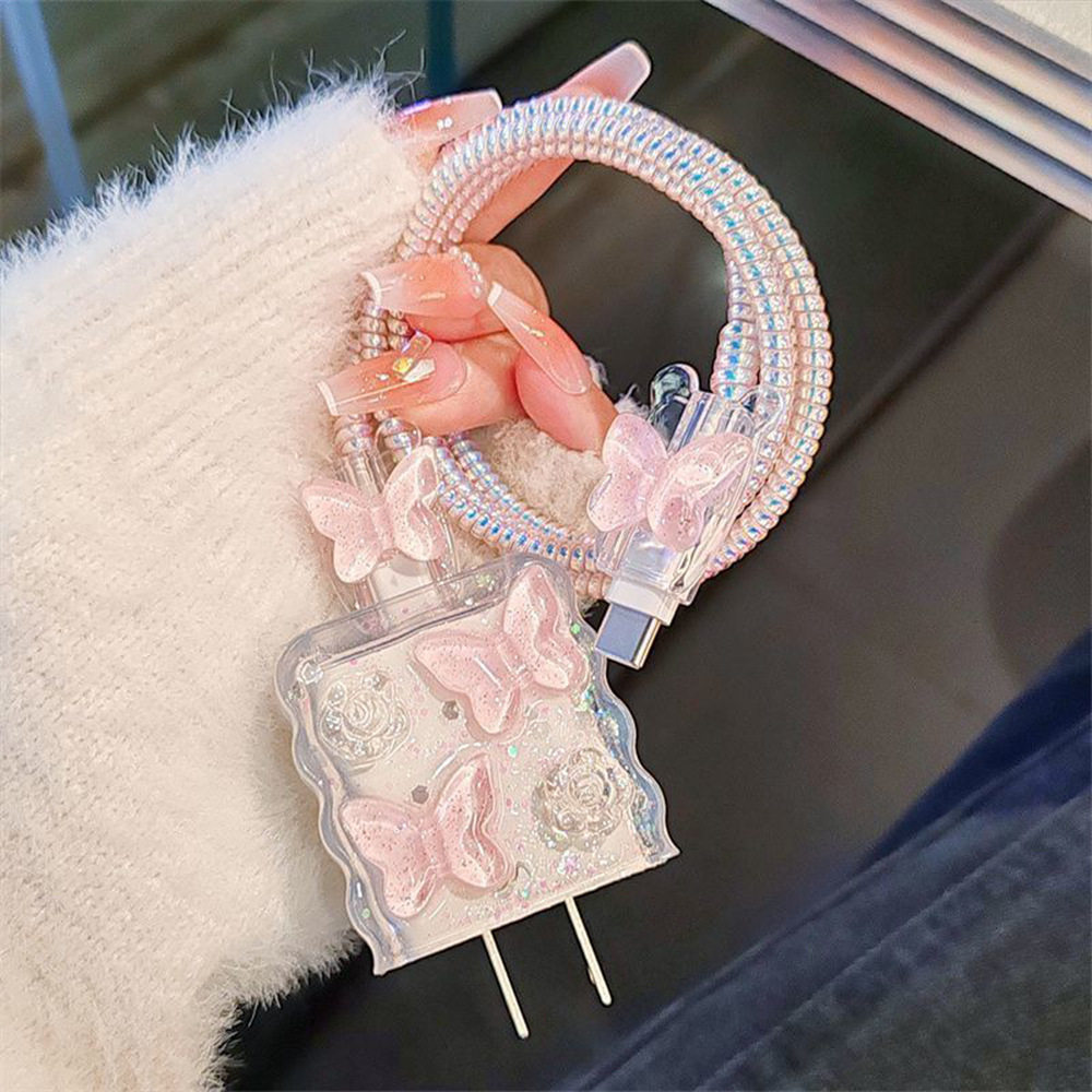 滴胶粉色蝴蝶适用苹果数据线保护套手机快充20w充电器保护套