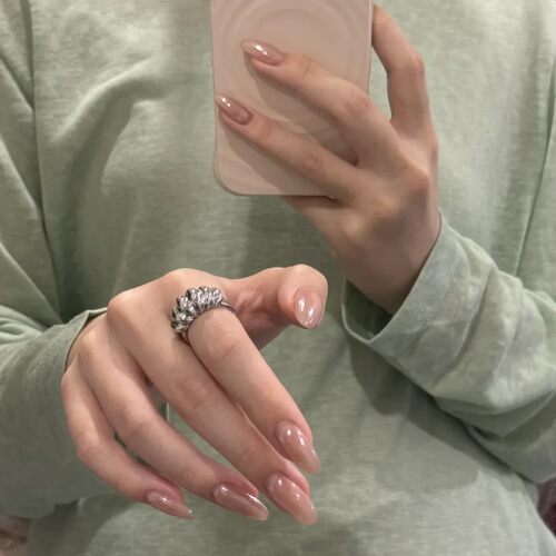 Hailey海莉同款欧美气质裸粉色月光珍珠极光穿戴甲美甲纯手工光疗