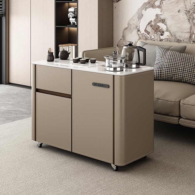 可移动茶台小型茶水柜家用沙发边柜现代简约实木岩板茶桌阳台茶车