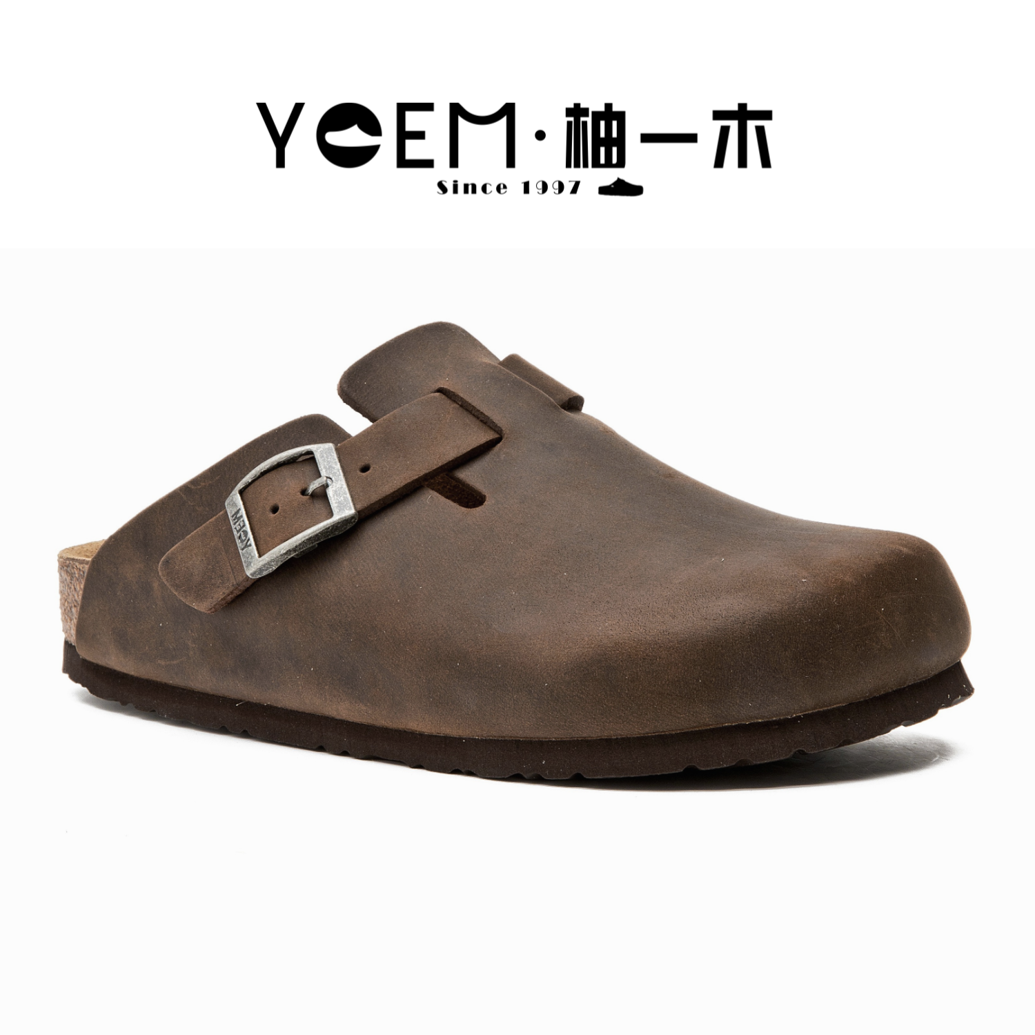YOEM/柚一木勃肯鞋油蜡皮疯马皮半包头软木头层牛皮防滑半拖8212