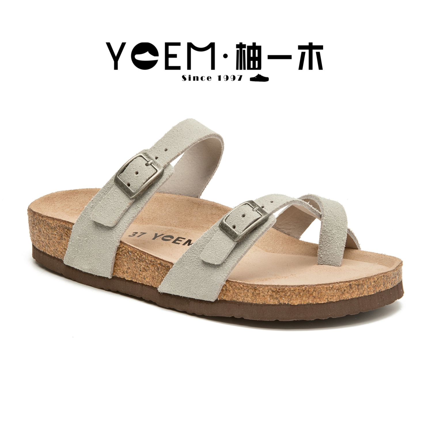 柚一木夏季软木牛皮夹趾勃肯凉鞋