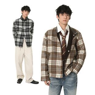 【季风馆】美式拼接皮领格子仿羊羔毛小立领纽扣衬衣外套潮