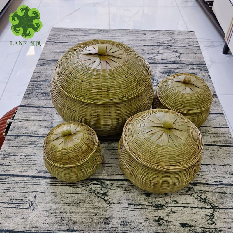 手工竹编小号茶i饼收纳盒家用带盖竹篮鸡蛋干货收纳篮手编筐竹制