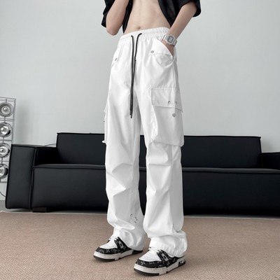嘻哈美式hiphop工装裤男春季宽松阔腿裤子薄款潮牌白色运动休闲裤