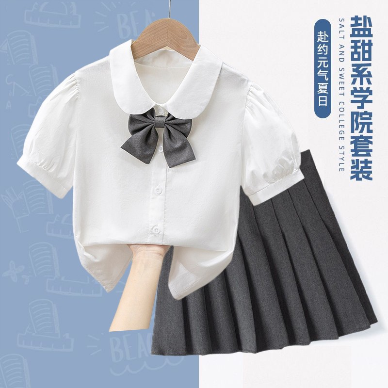 女童衬衫裙套装夏季新款儿童纯棉衬衣jk制服小学生学院风短袖上衣