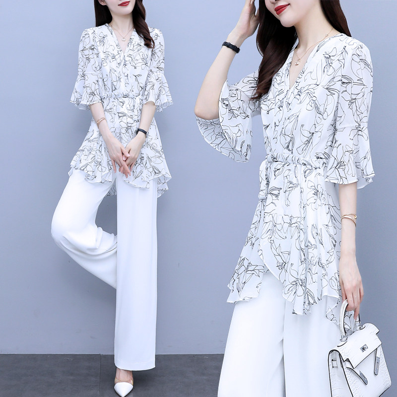 炸街套装女夏2021年新款雪纺显瘦减龄职业阔R腿裤时尚气质两件套