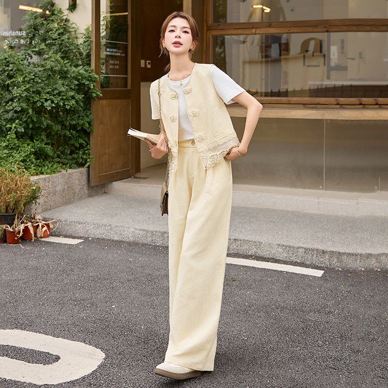 法式蕾丝花边马甲套装女2025夏季新款高级感洋气时髦阔Z腿裤两件