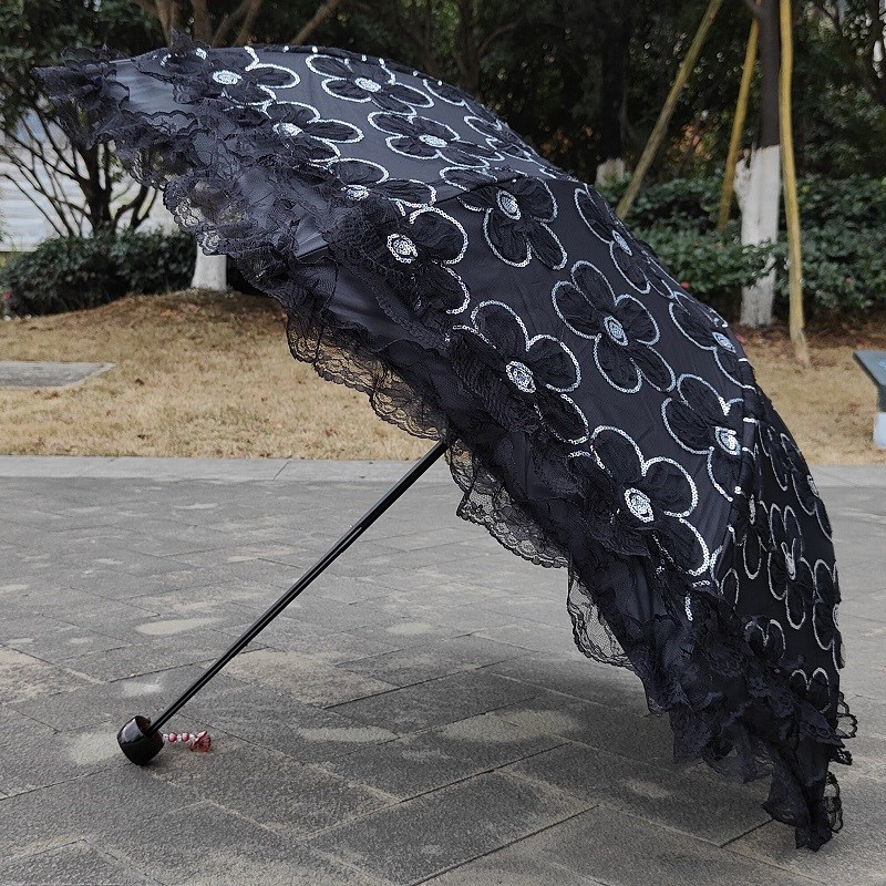 黑色蕾丝亮片太阳伞防紫外线二折黑胶晴雨两用防晒高档公主洋伞