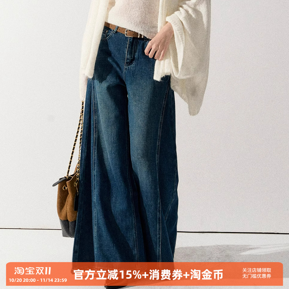 复古老钱风显瘦阔腿牛仔裤